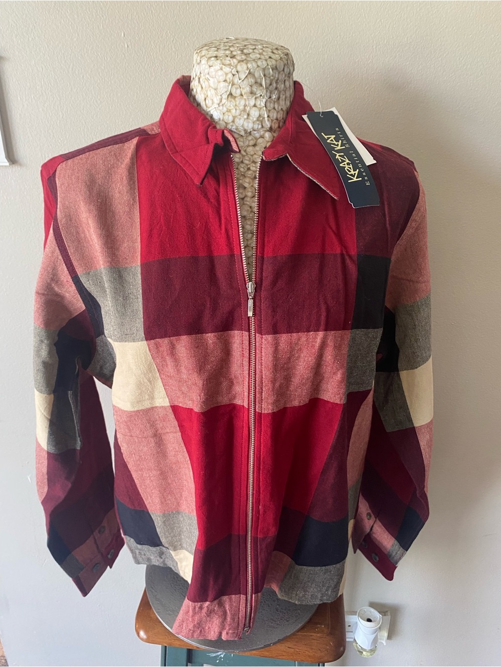 Vintage 80s Red Plaid Zip-Front Men's Jacket